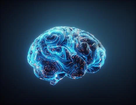 Abstract polygonal brain with glowing dots and lines, Stock Illustration