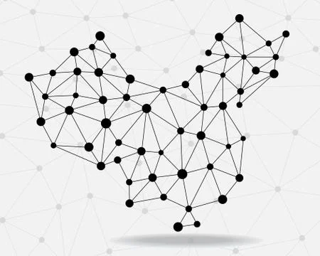 Abstract polygonal China map with dots and lines, network connections, vector Stock Illustration
