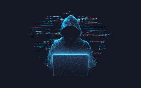 Abstract polygonal hacker with laptop on technology dark background. Stock-Illustration