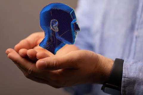 Abstract polygonal human face - 3D render of a cyborg head construction Stock Photos