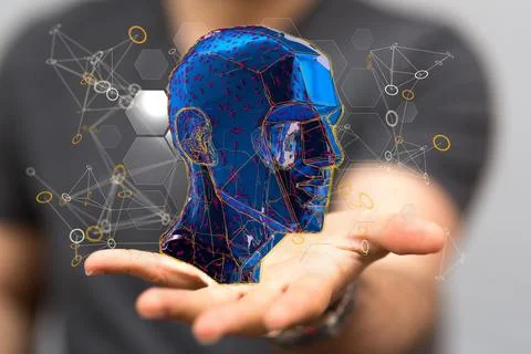 Abstract polygonal human face - 3D render of a cyborg head construction Stock Photos
