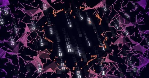 Abstract polygonal meshes and binary digits pulsating in cyberspace with Foto stock