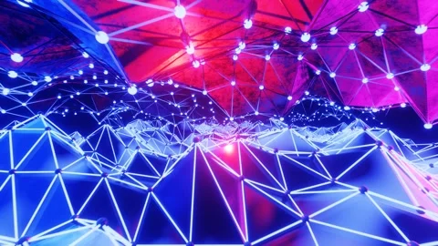 Abstract polygonal surface.Flight through two low-poly bright surfaces. Low poly Stock Footage 300658132