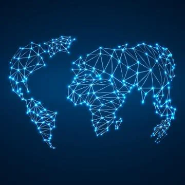 Abstract polygonal world map with glowing dots and lines Stock Illustration