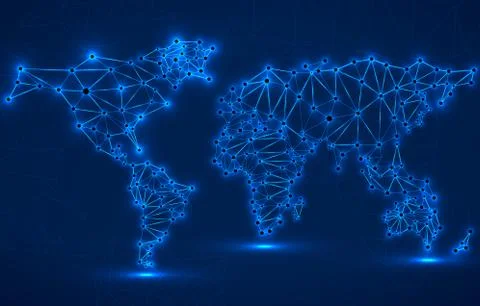 Abstract polygonal world map with glowing dots and lines, network connections Stock Illustration