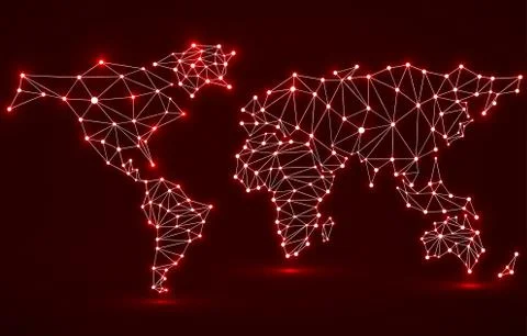 Abstract polygonal world map with glowing dots and lines, network connections Stock Illustration
