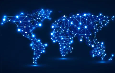 Abstract polygonal world map with glowing dots and lines, network connections Stock Illustration
