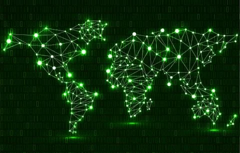 Abstract polygonal world map with glowing dots and lines on binary code Stock Illustration