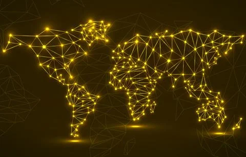 Abstract polygonal world map with glowing dots and lines, network connections Stock Illustration