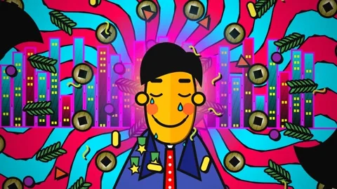Abstract Pop Art Crying Official With Falling Coins Over City Skyline Video stock 341174571