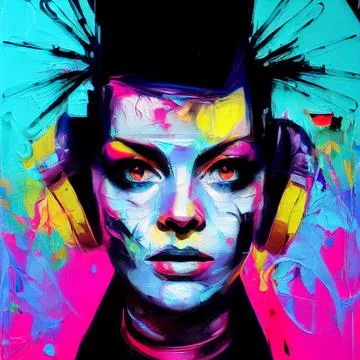 An abstract portrait of a cyberpunk girl. Painting, art for the interior. Stock Illustration