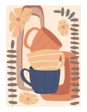 Abstract poster with mugs stack in warm shades for coffee day template wall art Stock Illustration