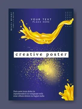 Abstract poster. Yellow liquid splash. 3D paint drops. Fluid droplets flow Stock Illustration