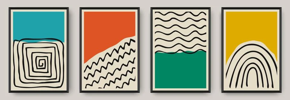 Abstract posters with bold color fields and hand drawn elements Stock Illustration