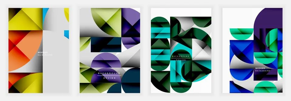 Abstract posters combining circles, triangles, and rectangles with rich Illustrazione stock