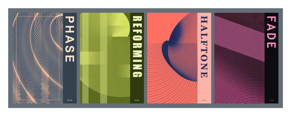 Abstract posters featuring geometric patterns and typography. Four colorful.. Stock Illustration