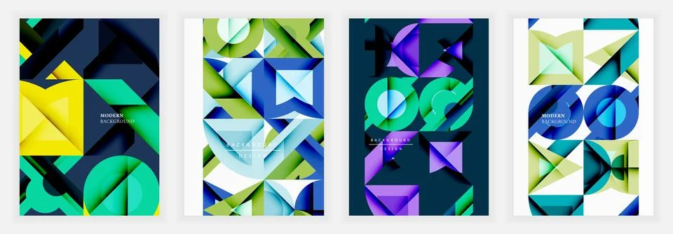 Abstract posters with geometric forms in vibrant blue, green, yellow, and violet Illustrazione stock