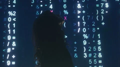Abstract Profile of Woman's Silhouette Looking up in Front of Computer Screen Stock Footage 219596383