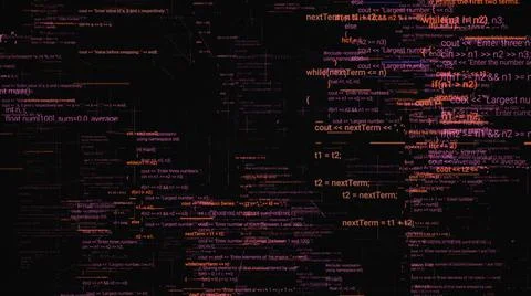 Abstract program code written and moved in the virtual space. Animation. Camera Illustration