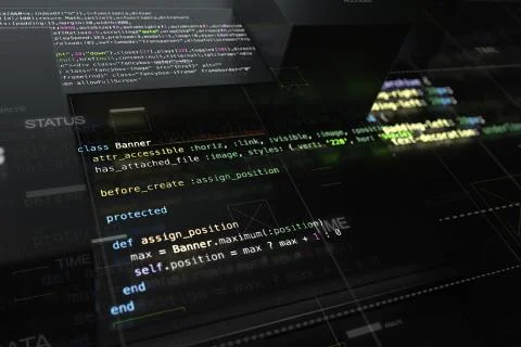 Abstract programming background with code lines and 3d rendering of random ex Stock Illustration