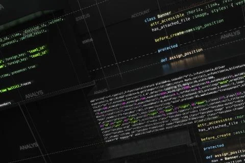 Abstract programming background with code lines and 3d rendering of random ex Stock Illustration