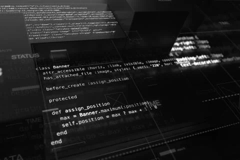 Abstract programming background with code lines and 3d rendering of random ex Stock Illustration