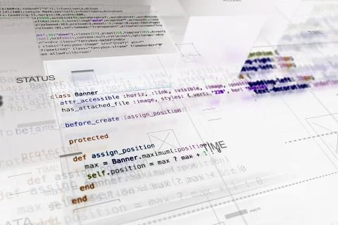 Abstract programming background with code lines and 3d rendering of random ex Stock Illustration