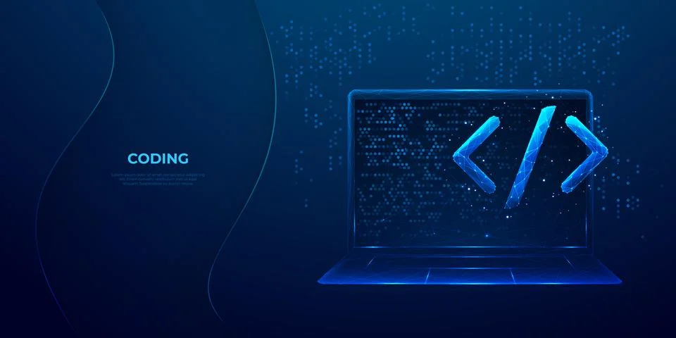 Abstract programming code icon on a laptop screen in light blue Stock Illustration