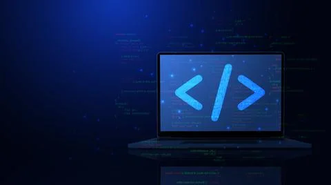 Abstract programming code icon on a laptop screen in light blue low poly fu.. Stockfoto's