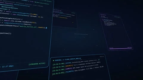 Abstract programming code on multiple digital screens. 4K 3D Render Vídeo Stock 344845001