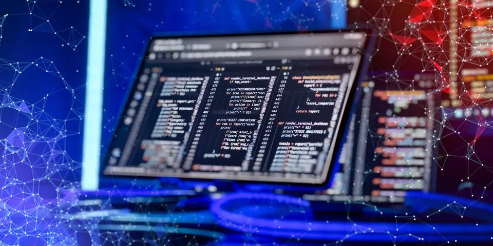 Abstract Programming Environment With Coding Screens, Network Nodes, Data Con 스톡 사진
