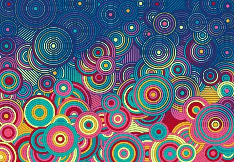 Abstract psychedelic background with circles and lines of various widths in Illustrazione stock