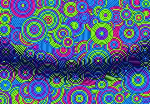 Abstract psychedelic background with circles and lines of various widths in r Illustrazione stock