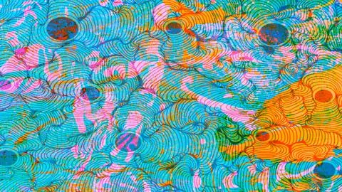 Abstract psychedelic background with vibrant wavy line patterns in blue, orange Stock Illustration