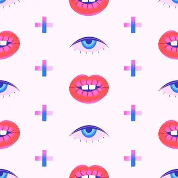 Abstract psychedelic seamless pattern with lips, eyes and crosses on white ba Stock Illustration