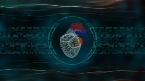 An abstract pulsating heart in gridded structure over defocused dark background Stock Footage 124649817