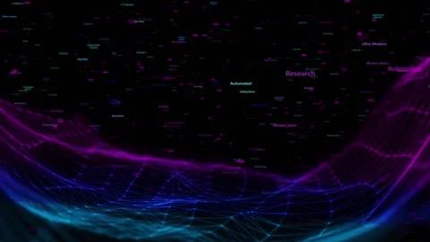Abstract purple and blue digital wave polygon mesh, floating technology words, Stock Footage 340524866