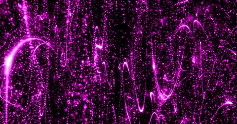 Abstract purple background from pixel particles and lines flying in waves o.. Illustrazione stock