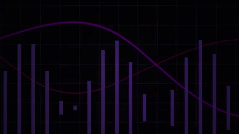 Abstract Purple Bar Chart and Sine Wave Animation on Dark Grid Background Stock Footage 344718696
