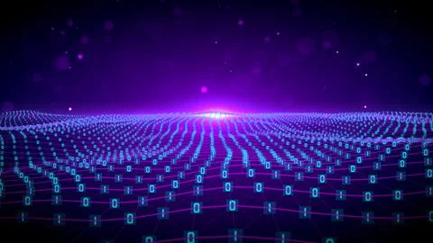 Abstract Purple Blue Digital Tech Wavy Binary Numeral Lines Mesh Landscape  Stock Illustration