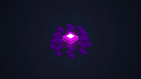 Abstract Purple Cubes Forming a Dynamic Geometric Flower Shape on Dark Back.. Stock Footage 348413771