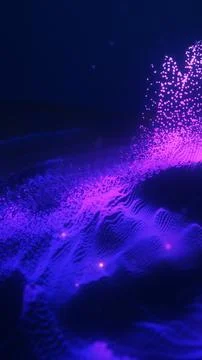 Abstract purple data wave made of glowing particles and flowing grid struct.. Stock Photos