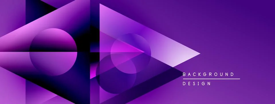 Abstract purple design features geometric shapes, circles, triangles. Gradient Illustrazione stock