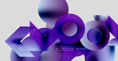 Abstract purple design features overlapping circles, triangles, fluid shapes. Stock Illustration