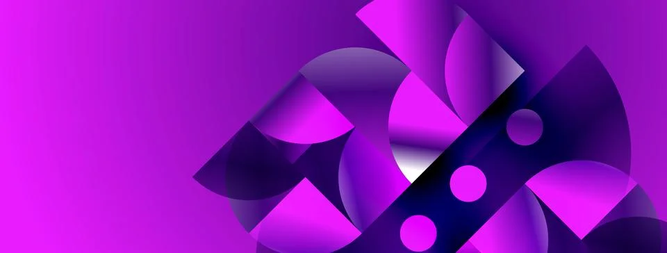Abstract purple design features overlapping shapes, circles, gradients. Moder Stockillustratie