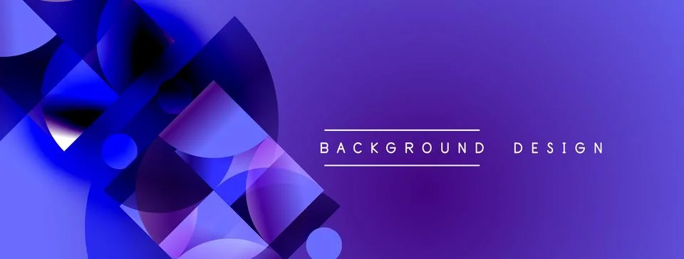 Abstract purple design features overlapping geometric shapes, circles, square 스톡 일러스트