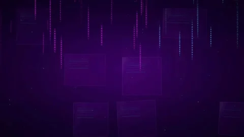 Abstract purple digital background with falling data streams and floating Stock Footage 339322684