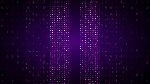 Abstract purple digital data stream with binary code and glowing particles on Stock Footage 339326028