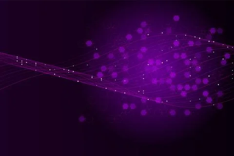 Abstract purple digital technology background with flowing waves and hexagons 库存插图