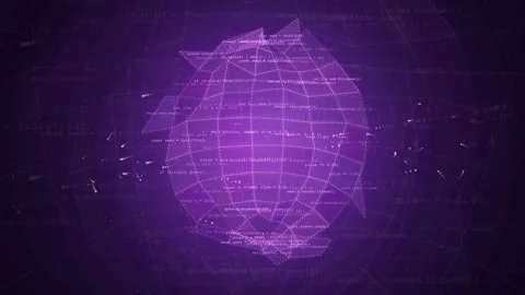 Abstract Purple Digital Wireframe Sphere Rotating with Floating Data Particles Stock Footage 343163931
